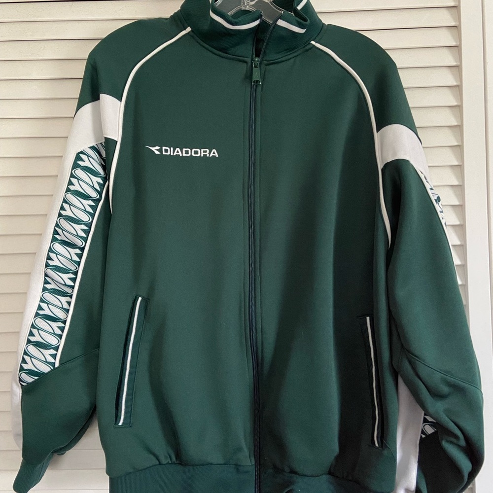Diadora Vintage Mens Small Green & White Soccer / Football Full Zip Jacket
